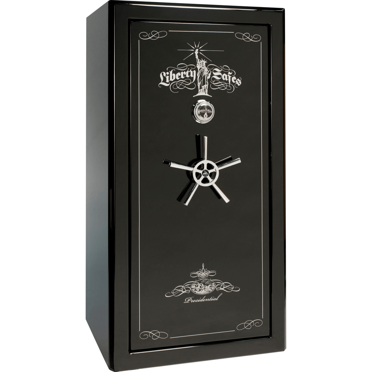 Presidential Series | Level 8 Security | 2.5 Hours Fire Protection | 25 | Dimensions: 60.5&quot;(H) x 30.25&quot;(W) x 28.5&quot;(D) | Black Gloss Chrome Hardware | Mechanical Lock