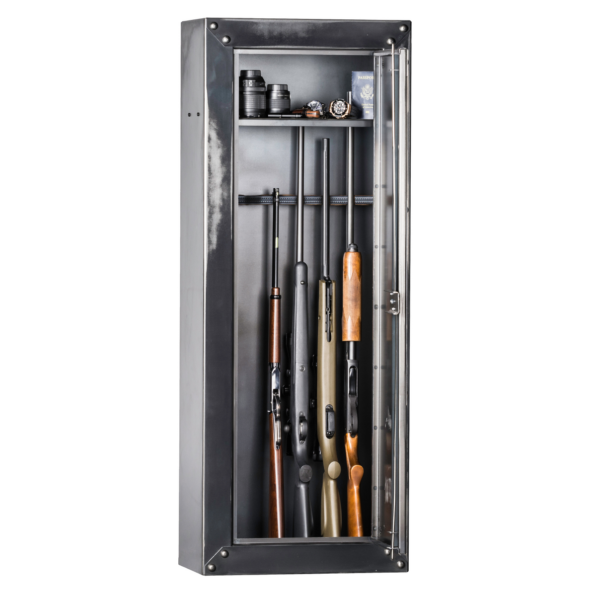 Rhino Ironworks Gun Cabinet Open, 1 top shelf, 14 gun padded rack