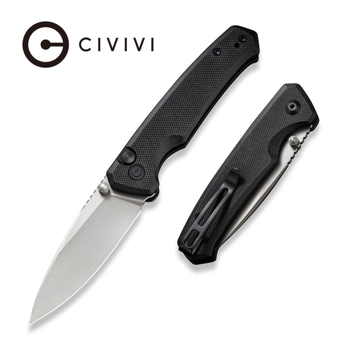CIVIVI Altus | Black G10 Handle Silver Bead Blasted Nitro-V Blade Button Lock