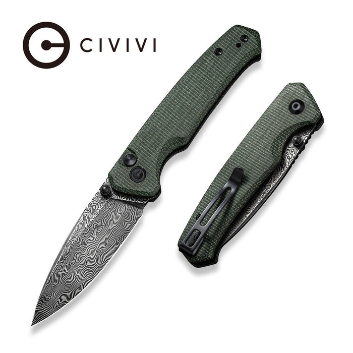 CIVIVI Altus | Green Micarta Handle Black Hand Rubbed Damascus Blade Button Lock