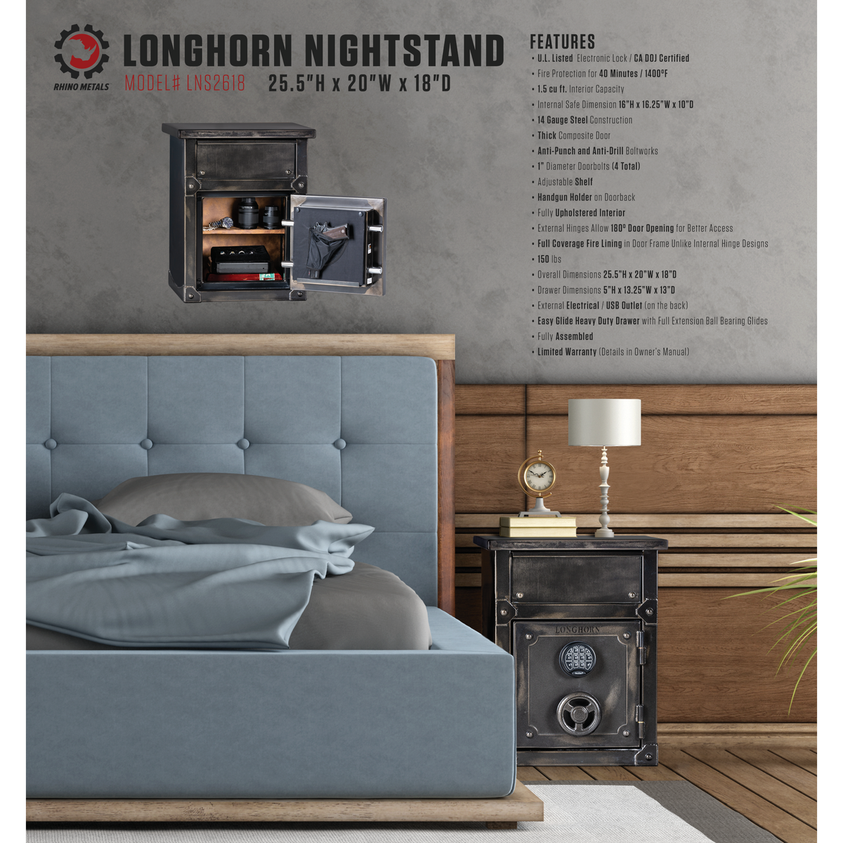 Longhorn LNS2618 Door Closed with Lamp 2 Books and Clock on top. Pictured in a grey wood trimmed bedroom on the right side of the bed.