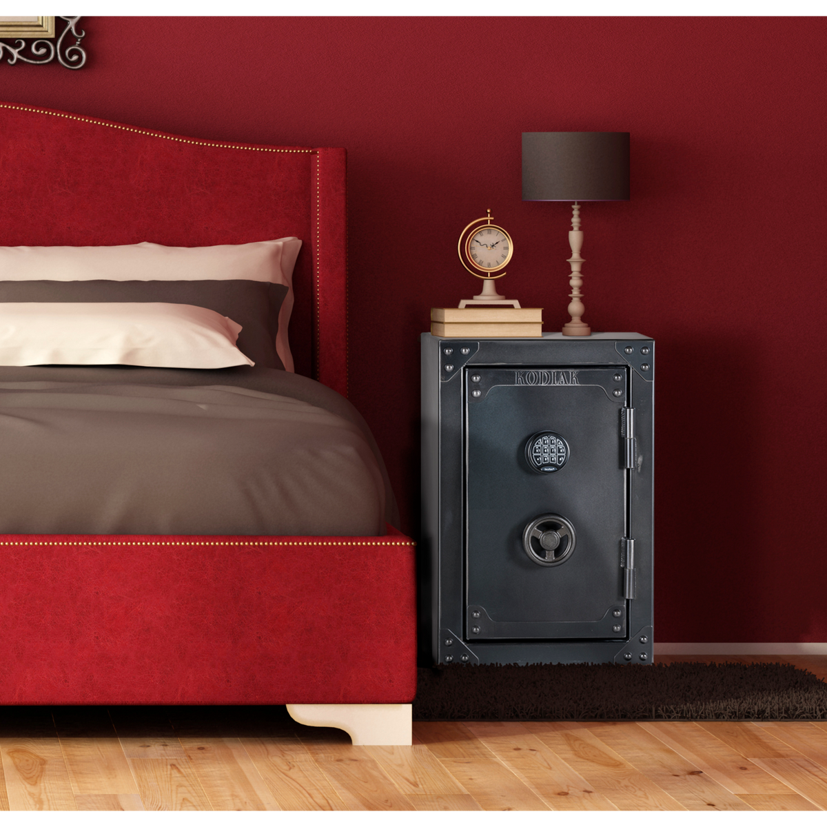 Kodiak KSB3020E Door Closed with Lamp 2 Books and Clock on top. Pictured in a red bedroom on the right side of the bed.