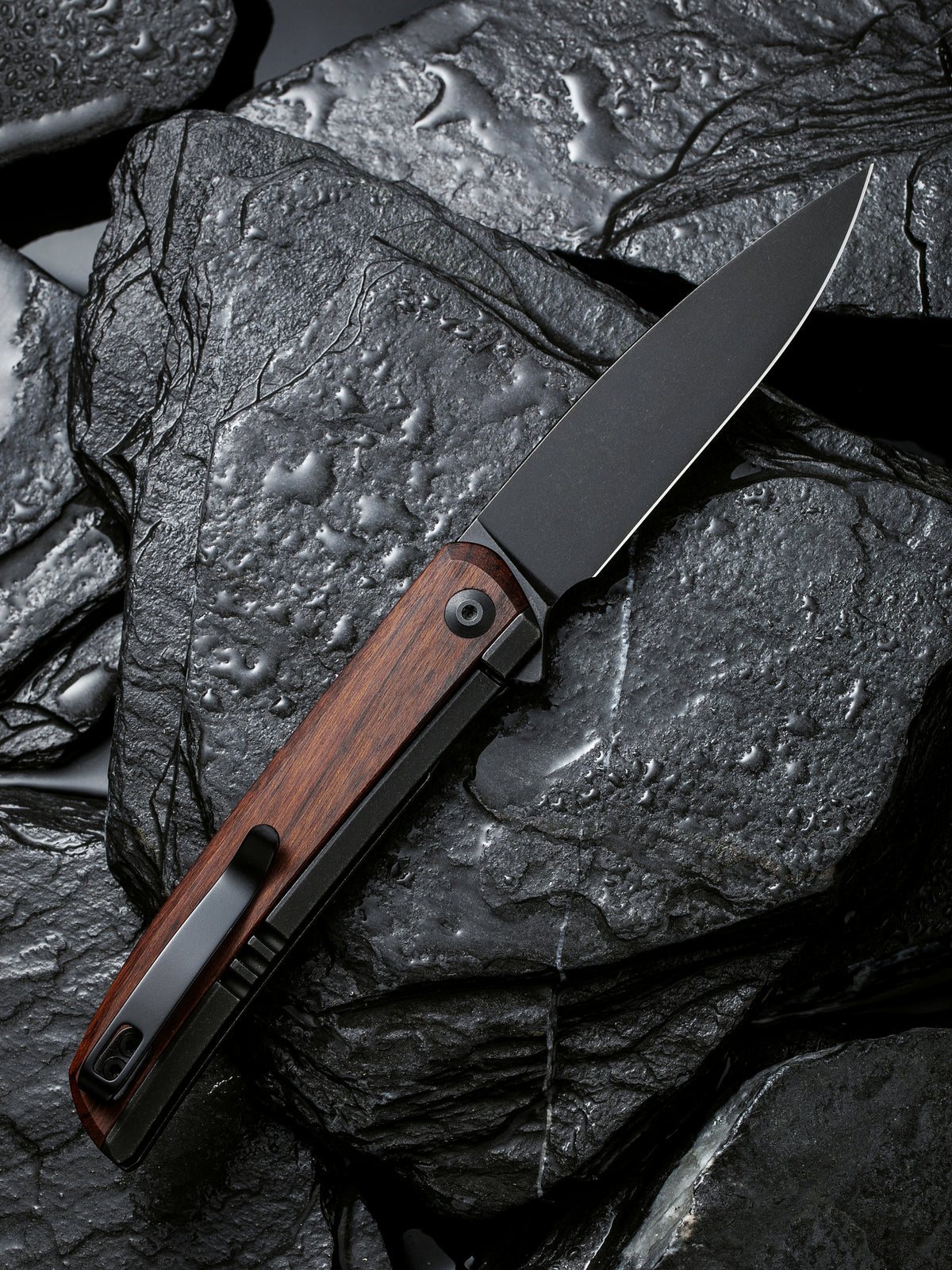 CIVIVI Savant | Black Steel Handle with Cuibourtia Wood Inlay Black Stonewashed 14C28N Blade Nested Frame Lock