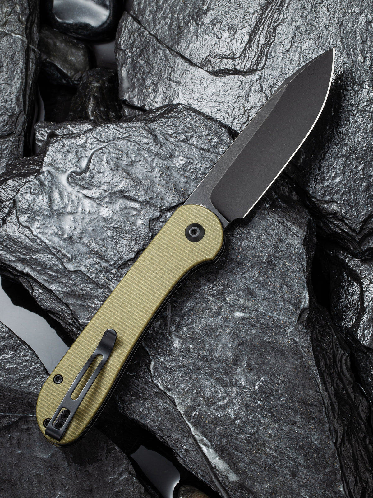 CIVIVI Button Lock Elementum | Olive Micarta Handle Black S/S Liner Black Stonewashed 14C28N Blade