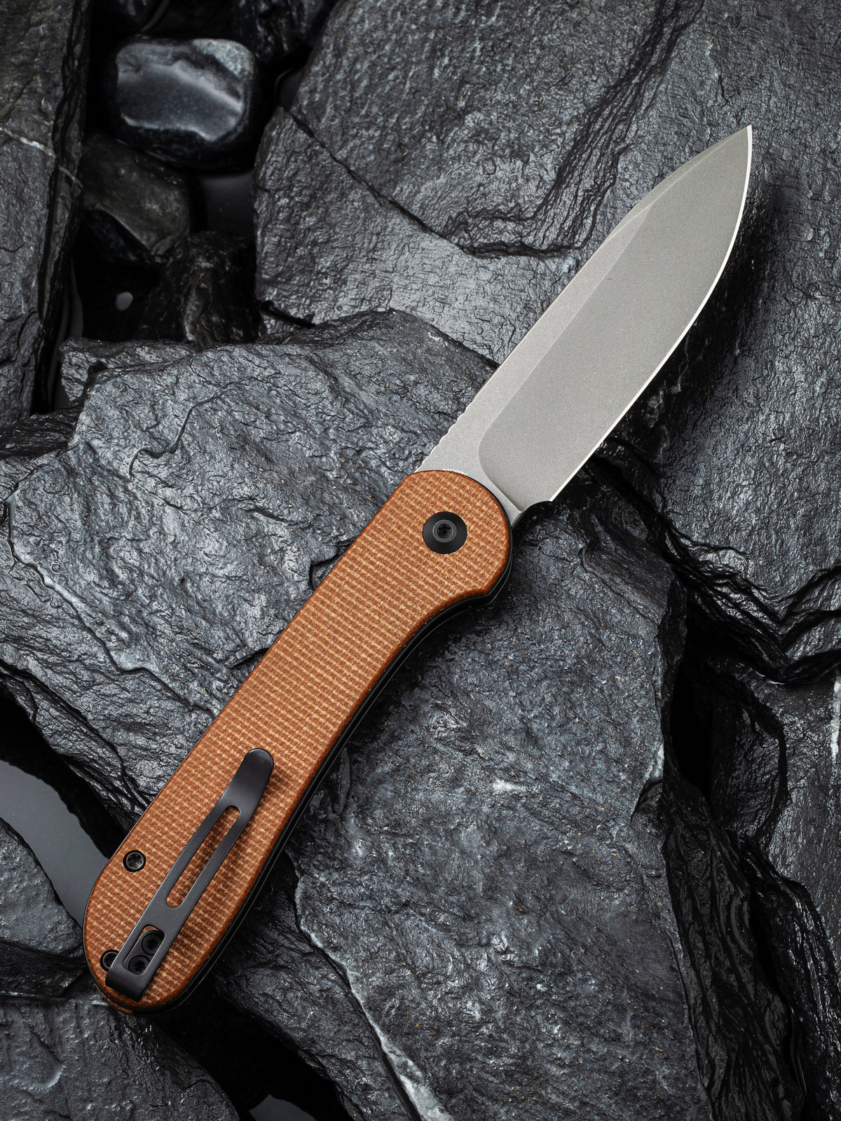 CIVIVI Button Lock Elementum | Brown Micarta Handle Black S/S Liner Gray Stonewashed 14C28N Blade