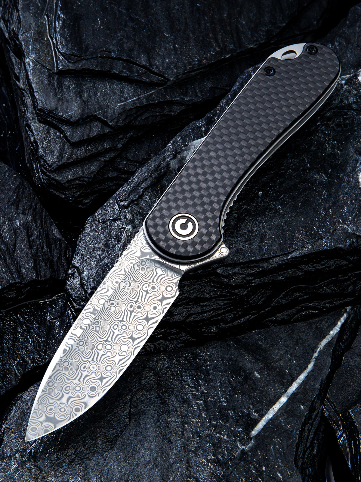 CIVIVI Elementum | Twill Carbon Fiber Overlay On Black G10 Handle Gray S/S Liner Damascus Blade