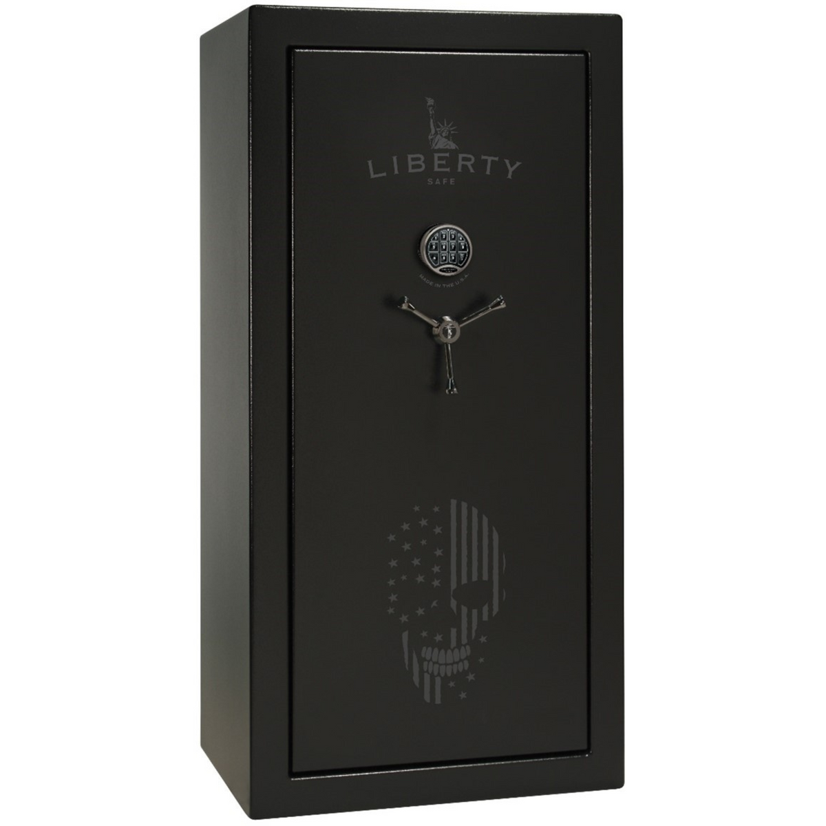 Liberty USA 30 Limited Edition. Black Textured, Black Chrome Hardware, Upgraded Backlit Electronic Lock, Subtle Stars and Stripes Skull at bottom of door