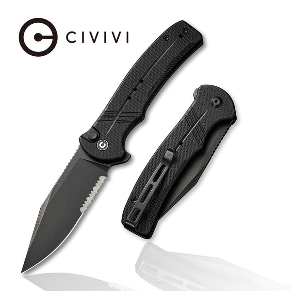 CIVIVI Cogent | Black G10 Handle Black Stonewashed 14C28N Half Serrated Blade Button Lock